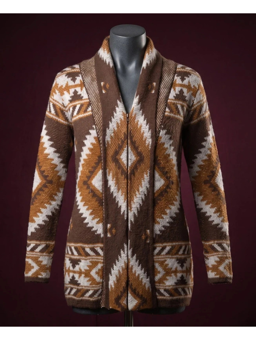 Woven Heart Aztec Geometric Shawl Collar Cardigan Sweater Brown XS